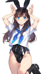 1girl animal_ears black_footwear black_hairband black_leotard black_sailor_collar black_socks blue_eyes blue_neckerchief blush brown_hair bunny_day commentary_request covered_navel fake_animal_ears fingernails hairband highleg highleg_leotard highres kneehighs leotard loafers long_fingernails long_hair looking_at_viewer nagayori neckerchief original playboy_bunny rabbit_ears rabbit_pose sailor_collar shiny_clothes shiny_skin shirt shoes short_sleeves side-tie_leotard simple_background socks solo standing standing_on_one_leg thigh_gap white_background white_shirt