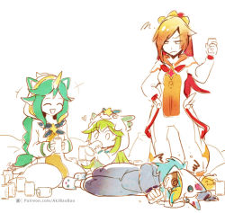 Rule 34 | 1boy, 3girls, @ @, aa2233a, alcohol, alternate costume, alternate hair color, alternate hairstyle, beer, blue eyes, can, ezreal, green hair, hair over one eye, league of legends, lulu (league of legends), magical girl, multiple girls, pajamas, pillow, pointy ears, miss fortune (league of legends), soraka (league of legends), star guardian (league of legends), star guardian ezreal, star guardian lulu, star guardian miss fortune, star guardian soraka, yordle