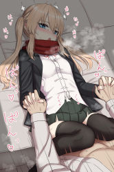 Rule 34 | 1boy, 1girl, black jacket, black thighhighs, blonde hair, blue eyes, blush, clothed sex, green skirt, hair between eyes, hetero, highres, holding hands, interlocked fingers, jacket, long hair, looking at viewer, lying, missionary, on back, open clothes, open jacket, open mouth, original, pleated skirt, red scarf, scarf, sex, shirt, skirt, solo focus, stomach bulge, tearing up, thighhighs, white shirt, yakob labo