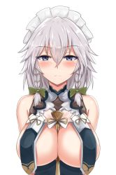 Rule 34 | 1girl, alternate breast size, arms behind back, azur lane, bare shoulders, between breasts, blue eyes, blush, bow, braid, breast curtains, breasts, cleavage, closed mouth, commentary, cosplay, english commentary, female focus, frills, green bow, hair between eyes, hair bow, highres, izayoi sakuya, large breasts, looking at viewer, maid headdress, revealing clothes, short hair, silver hair, simple background, sirius (azur lane), sirius (azur lane) (cosplay), sirius (azure horizons) (azur lane), solo, touhou, twin braids, white background, wuwusan