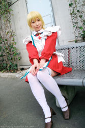 Rule 34 | 1girl, 2007, apron, asian, bench, blonde hair, blue eyes, brown footwear, chippi, color contacts, cosplay, dutch angle, erstin ho, erstin ho (cosplay), highres, looking at viewer, maid, maid apron, my-otome, outdoors, photo (medium), school uniform, shoes, short hair, sitting, solo, thighhighs, watermark, web address, white thighhighs, zettai ryouiki