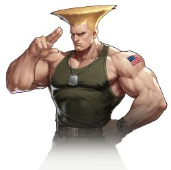 Rule 34 | american flag, belt, blonde hair, dog tags, guile, hand on own hip, impossible hair, jewelry, muscular, muscular male, necklace, salute, serious, simple background, street fighter, tank top, two-finger salute, watch, wristwatch