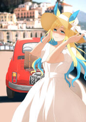 Rule 34 | 1girl, absurdres, alternate costume, animal ears, arms up, blonde hair, blue hair, blurry, blurry background, blush, car, commentary, cowboy shot, dress, hat, highres, horse ears, horse girl, kumabachi315, long hair, looking at viewer, motor vehicle, multicolored hair, nail polish, neo universe (umamusume), outdoors, red car, short sleeves, smile, solo, streaked hair, sun hat, umamusume, white dress