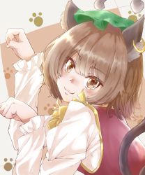 Rule 34 | 1girl, :3, absurdres, animal ear fluff, animal ears, arms up, blush, bow, bowtie, brown background, brown eyes, brown hair, cat ears, cat tail, chen, commentary, earrings, fang, fang out, from side, green hat, grey background, gumi (fwjn7284), hair between eyes, hat, head tilt, highres, jewelry, long sleeves, looking at viewer, mob cap, multiple tails, paw pose, paw print, red vest, shirt, short hair, single earring, solo, standing, tail, touhou, two-tone background, upper body, vest, white shirt, yellow bow, yellow bowtie