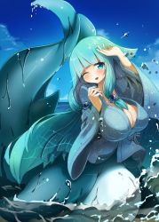 Rule 34 | 159cm, 1girl, blue eyes, blue hair, blue skin, blue sky, blush, borrowed character, breasts, cetacean tail, cleavage, colored skin, day, fins, fish tail, hair bobbles, hair ornament, hand up, highres, large breasts, long hair, long sleeves, looking at viewer, ocean, one eye closed, original, outdoors, riapi (klew), sky, smile, solo, tail, very long hair, wide sleeves