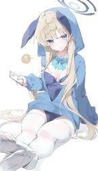 Rule 34 | 1girl, ?, absurdres, animal ear hairband, animal ears, aqua bow, aqua bowtie, blonde hair, blue archive, blue eyes, blue jacket, blue leotard, blush, bow, bowtie, breasts, cellphone, cellphone photo, commentary, detached collar, fake animal ears, hairband, halo, highres, holding, holding phone, hood, hooded jacket, jacket, leotard, long hair, looking at viewer, medium breasts, meunhongcha, no shoes, phone, rabbit ear hairband, rabbit ears, simple background, sitting, soles, solo, spoken question mark, strapless, strapless leotard, thighhighs, toes, toki (blue archive), toki (bunny) (blue archive), very long hair, white background, white thighhighs