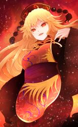 Rule 34 | 1girl, arano oki, blonde hair, breasts, chinese clothes, dress, hat, highres, junko (touhou), large breasts, long hair, long sleeves, looking at viewer, open mouth, red eyes, sash, smile, solo, tabard, touhou