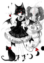 Rule 34 | 1girl, animal ears, artist name, black cat, black choker, black dress, black footwear, black hair, bug, butterfly, cat, cat ears, cat tail, choker, cross, cross necklace, demon horns, demon tail, demon wings, dress, floral print, flower, full body, high heels, highres, holding, holding flower, horns, bug, jewelry, limited palette, looking at viewer, necklace, original, puffy short sleeves, puffy sleeves, red eyes, red flower, red rose, ribbon choker, rose, sheya, short hair, short sleeves, signature, skull, smile, solo, spot color, standing, tail, wings