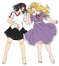 Rule 34 | 2girls, absurdres, bare legs, barefoot, black skirt, blonde hair, blush, brown eyes, brown hair, closed mouth, collared dress, collared shirt, commentary request, dress, frilled dress, frilled sleeves, frills, highres, holding hands, korean commentary, kuya (hey36253625), long hair, maribel hearn, multiple girls, necktie, open mouth, pleated skirt, purple dress, red necktie, red ribbon, ribbon, ribbon-trimmed shirt, ribbon-trimmed skirt, ribbon-trimmed sleeves, ribbon trim, shirt, short sleeves, simple background, skirt, smile, teeth, touhou, unfinished, upper teeth only, usami renko, white background, white shirt, yellow eyes