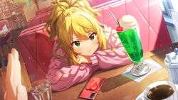 Rule 34 | arms on table, blonde hair, cellphone, cherry, cup, drinking glass, drinking straw, food, fruit, game cg, green eyes, hoshii miki, ice, idolmaster, idolmaster million live!, idolmaster million live! theater days, off-shoulder sweater, off shoulder, official art, phone, pout, restaurant, smartphone, sweater
