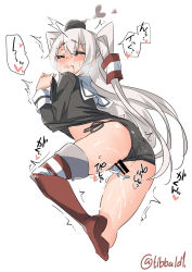 Rule 34 | 10s, 1girl, amatsukaze (kancolle), ass, bad id, bad twitter id, bar censor, black panties, blush, censored, closed eyes, closed mouth, clothes lift, cropped legs, dress, dress lift, drooling, ebifurya, female ejaculation, female masturbation, female orgasm, from behind, hair between eyes, hair tubes, heart, highres, inactive account, kantai collection, lifted by self, long hair, long sleeves, looking back, masturbation, no shoes, orgasm, panties, pussy, pussy juice, sailor dress, saliva, simple background, smoke, smokestack, solo, speech bubble, spoken heart, sweat, tears, thighhighs, trembling, twitter username, two side up, underwear, very long hair, white background, white hair