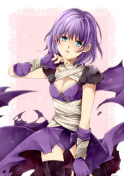 Rule 34 | 1girl, armor, assassin (ragnarok online), bandages, blue eyes, breasts, cleavage, commission, fingerless gloves, gloves, inma, purple hair, ragnarok online, short hair, shoulder armor, signature, small breasts, thighhighs, zettai ryouiki