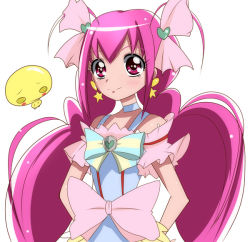Rule 34 | 1girl, bow, choker, cosplay, creature, cure echo, cure echo (cosplay), cure happy, earrings, frills, fuu-chan (precure), hair ribbon, hands on own hips, haru (nature life), hoshizora miyuki, jewelry, long hair, magical girl, pink bow, pink eyes, pink hair, precure, precure all stars new stage: mirai no tomodachi, ribbon, skirt, smile, smile precure!, twintails, waist bow, white background, white choker