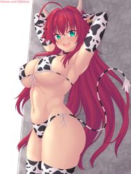 Rule 34 | 1girl, 2021, ahoge, animal ears, animal print, arms up, bikini, breasts, chinese zodiac, covered erect nipples, cow ears, cow print, cow print bikini, cow tail, cowboy shot, elbow gloves, female focus, front-tie bikini top, front-tie top, gloves, green eyes, hair between eyes, high school dxd, highres, horns, large breasts, long hair, looking at viewer, navel, nottytiffy, open mouth, patreon username, print bikini, print gloves, print thighhighs, red hair, rias gremory, side-tie bikini bottom, skindentation, solo, swimsuit, tail, thighhighs, underboob, watermark, web address, year of the ox
