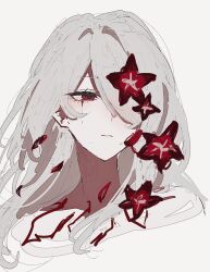 Rule 34 | 1girl, acheron (honkai: star rail), bare shoulders, blood, bloody tears, body markings, closed mouth, cropped shoulders, flower, flower over eye, grey background, hair intakes, hair over one eye, highres, honkai: star rail, honkai (series), long hair, looking to the side, official alternate color, red eyes, red flower, red petals, rekka shinai, simple background, solo, white hair