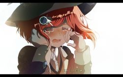 Rule 34 | 1girl, black hat, black shirt, blush, collared shirt, criis-chan, crying, crying with eyes open, danganronpa (series), danganronpa v3: killing harmony, gem, hair ornament, hairclip, hands up, hat, jacket, letterboxed, long sleeves, open clothes, open jacket, open mouth, red hair, school uniform, shirt, short hair, skirt, solo, tears, twitter username, upper body, wiping tears, witch hat, yumeno himiko