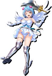 Rule 34 | 1girl, ;d, angel wings, armor, asymmetrical wings, blue hair, bottle, breasts, chemise, elbow gloves, full body, gloves, greaves, green eyes, hair bobbles, hair ornament, large breasts, looking at viewer, milk, nanael (queen&#039;s blade), nanael (queen&#039;s blade unlimited), official art, one eye closed, open mouth, panties, pantyshot, polka dot, polka dot panties, queen&#039;s blade, queen&#039;s blade white triangle, short hair, smile, solo, spill, sword, tachi-e, transparent background, underwear, weapon, white gloves, white wings, winged footwear, wings