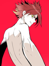 Rule 34 | 1boy, bad id, bad pixiv id, from behind, green eyes, inazuma eleven, inazuma eleven (series), male focus, nagumo haruya, pale skin, red background, red hair, simple background, solo, topless male, zuwai kani