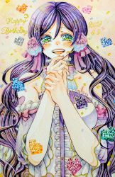 Rule 34 | 1girl, 2019, absurdres, arm garter, artist name, artist request, blue flower, blush, collar, dress, female focus, flower, from side, green eyes, hair flower, hair ornament, hair ribbon, hands on thighs, heart, highres, long hair, looking at viewer, love live!, love live! school idol festival, love live! school idol project, own hands together, purple hair, ribbon, smile, solo, tojo nozomi, white dress, x hair ornament