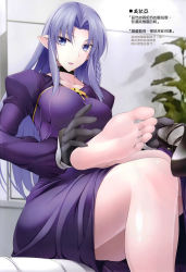 Rule 34 | 1girl, absurdres, bare legs, barefoot, black choker, black footwear, black gloves, black neckwear, blue eyes, blue hair, braid, breasts, chinese text, choker, collarbone, crossed legs, dress, fate/stay night, fate (series), feet, foot focus, unworn footwear, gloves, hands on feet, hard-translated, hard-translated (non-english), highres, indoors, juliet sleeves, long hair, long skirt, long sleeves, looking at viewer, mary janes, medea (fate), medium breasts, non-web source, open mouth, parted bangs, plant, pointy ears, puffy sleeves, purple dress, purple hair, robe, ruton-niki, scan, shoes, unworn shoes, side braid, sitting, skirt, smile, soles, solo, third-party edit, toes, translated