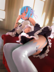 Rule 34 | 10s, 1girl, aqua eyes, ass, black bow, black ribbon, blue eyes, blue hair, blurry, blush, bow, breasts, couch, curtains, depth of field, detached sleeves, dress, dutch angle, embarrassed, eyebrows, floor, frills, garter straps, hair ornament, hair ribbon, hairband, hand to own mouth, large breasts, looking at viewer, lying, matching hair/eyes, on couch, on side, open mouth, panties, pink ribbon, re:zero kara hajimeru isekai seikatsu, rem (re:zero), ribbon, shade, shiny clothes, short hair, solo, thighhighs, underwear, upskirt, white panties, white thighhighs, wide sleeves, window shadow, x hair ornament, yasumori zen