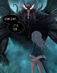Rule 34 | blue eyes, blue hair, blunt bangs, dress, eldritch abomination, english text, fins, fish tail, gardavwar, gawr gura, gawr gura (1st costume), gloves, gradient hair, halo, highres, hololive, hololive english, long hair, low wings, multicolored hair, multiple girls, ninomae ina&#039;nis, ninomae ina&#039;nis (1st costume), open mouth, orange hair, pointy ears, purple hair, shark girl, shark tail, short dress, silver hair, single thighhigh, streaked hair, tail, tentacle hair, tentacles, thighhighs, very long hair, virtual youtuber, wings