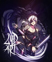 Rule 34 | arm tattoo, black jacket, black tank top, breasts, chainsaw man, crossbow devil (chainsaw man), dual wielding, eyepatch, holding, holding sword, holding weapon, jacket, katana, large breasts, long hair, looking at viewer, lydart mclo, off shoulder, open mouth, pants, ponytail, purple eyes, quanxi (chainsaw man), sharp teeth, sheath, solo, strap slip, sword, tank top, tattoo, teeth, torn clothes, torn pants, unsheathing, weapon, white hair