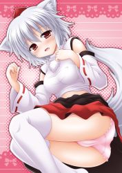 Rule 34 | 1girl, animal ears, breasts, cameltoe, covered erect nipples, detached sleeves, female focus, inubashiri momiji, lace, lace-trimmed panties, lace trim, md5 mismatch, medium breasts, nagana sayui, panties, pink panties, shirt, solo, tail, taut clothes, taut shirt, thighhighs, touhou, underwear, white thighhighs, wolf ears, wolf tail