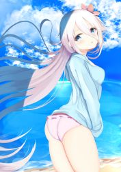 Rule 34 | 1girl, arched back, aties20, beach, bikini, bikini bottom only, blue eyes, blue jacket, blue sky, blush, breasts, closed mouth, cloud, cloudy sky, day, flower, frilled bikini, frills, hair between eyes, hair flower, hair ornament, head tilt, horizon, ia (vocaloid), jacket, looking at viewer, looking to the side, medium breasts, ocean, outdoors, purple bikini, sand, silver hair, sky, solo, standing, swimsuit, tongue, tongue out, vocaloid, water