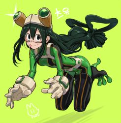 Rule 34 | 10s, 1girl, :&gt;, :p, artist name, asui tsuyu, bad id, bad twitter id, beige gloves, belt, black eyes, black hair, bodysuit, boku no hero academia, buttons, closed mouth, eyelashes, floating, floating hair, full body, gloves, goggles, goggles on head, green background, green bodysuit, hair between eyes, hair rings, long hair, looking at viewer, low-tied long hair, rod (rod4817), sanpaku, shadow, signature, smile, solo, split-toe footwear, star (symbol), tongue, tongue out, uniform, very long hair, white belt