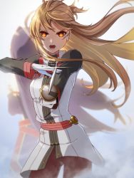Rule 34 | 1girl, ahoge, aiming, aiming at viewer, asuna (sao), back-to-back, blurry, brown hair, cowboy shot, depth of field, detached sleeves, floating hair, gloves, grey background, highres, holding, holding sword, holding weapon, houkagi yuu, long hair, looking at viewer, open mouth, orange eyes, pants, purple hair, rapier, red pants, simple background, solo, solo focus, standing, sword, sword art online, sword art online the movie: ordinal scale, very long hair, weapon, white gloves, yuuki (sao)