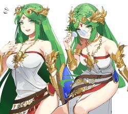 Rule 34 | 1girl, absurdres, ancient greek clothes, bare shoulders, blush, breasts, chiton, coke-bottle glasses, dress, glasses, green eyes, green hair, highres, jewelry, kid icarus, kid icarus uprising, large breasts, long hair, looking at viewer, necklace, nintendo, open mouth, ormille, palutena, smile, solo, thighhighs, tiara, very long hair