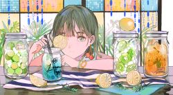 Rule 34 | 1girl, absurdres, bare arms, bare shoulders, blue eyes, blue nails, buchi (qooo003), cherry earrings, closed mouth, commentary request, dress, earrings, food, food-themed earrings, food themed earrings, fruit, green hair, hand up, highres, holding, jar, jewelry, kiwi (fruit), kiwi slice, lemon, lemon slice, lime (fruit), lime slice, looking at viewer, nail polish, one eye covered, original, sleeveless, sleeveless dress, smile, solo, table, white dress