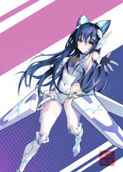 Rule 34 | 1girl, absurdres, blue hair, breasts, closed mouth, date a live, genderswap, genderswap (mtf), gloves, hair ornament, highres, itsuka shiori, leotard, long hair, looking at viewer, mecha musume, mikuandalice, open hand, sideboob, smile, solo, white legwear, white leotard, yellow eyes