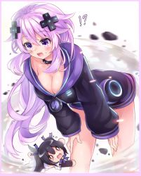 Rule 34 | !?, 1girl, adult neptune, black choker, black hair, black jacket, blush, breasts, character doll, choker, cleavage, crying, curious, d-pad, d-pad hair ornament, dress, giga-tera, hair ornament, hood, hood down, hooded jacket, hoodie, jacket, knees, large breasts, legs, long hair, looking at viewer, mega miracle force, neck, neptune (neptunia), neptune (series), noire (neptunia), open mouth, panic, paniced, panicing, panties, parka, purple eyes, purple hair, ribbon, scared, shin jigen game neptune vii, solo, staring, striped clothes, striped panties, tears, thighs, tsundere, underwear, very long hair