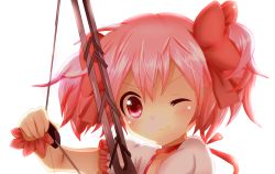 Rule 34 | 10s, 1girl, aiming, aiming at viewer, arrow (projectile), bad id, bad pixiv id, bow (weapon), drawing bow, hair ribbon, holding, holding bow (weapon), holding weapon, kaname madoka, mahou shoujo madoka magica, mahou shoujo madoka magica (anime), one eye closed, pink eyes, pink hair, ribbon, smirk, solo, transparent background, twintails, weapon, wink, yuiyuimoe