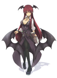 Rule 34 | 1girl, bat wings, belt, black bra, black pantyhose, book, bra, bracelet, breasts, cleavage, collarbone, dress shirt, eyelashes, female focus, head wings, highres, jewelry, jpeg artifacts, charm (object), koakuma, lace, lace-trimmed bra, lace trim, large breasts, large wings, legs, long hair, long sleeves, looking at viewer, low wings, naughty face, necklace, nikubanare, open clothes, open shirt, pantyhose, pen, pocket, pointy ears, red eyes, red hair, shadow, shirt, simple background, skirt, skirt set, smile, solo, touhou, underwear, very long hair, vest, walking, white background, white shirt, wings