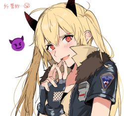 Rule 34 | 1girl, aogisa, bad id, bad pixiv id, blonde hair, blush, collarbone, dated, demon horns, emoticon, fangs, fingerless gloves, fur collar, girls&#039; frontline, gloves, hair between eyes, horns, long hair, looking at viewer, m870 (girls&#039; frontline), open mouth, red eyes, short sleeves, simple background, smiley face, solo, teeth, twintails, upper body, white background