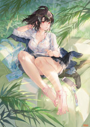 Rule 34 | 1girl, ahoge, arm up, atdan, bag, barefoot, barefoot sandals (jewelry), black hair, black skirt, bra, bra strap, breasts, button gap, cleavage, collarbone, collared shirt, feet, hair ornament, halterneck, highres, large breasts, looking at viewer, miniskirt, original, parted lips, phone, pink bra, pleated skirt, red eyes, revision, see-through, shirt, short hair, sidelocks, skirt, solo, spread toes, string bra, thighs, toes, underwear, wet, wet clothes, wet shirt, white shirt