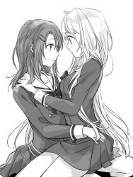 Rule 34 | 2girls, ahoge, bad id, bad twitter id, bang dream!, commentary request, dress, greyscale, hair ornament, hairclip, hanasakigawa school uniform, hand on another&#039;s shoulder, hand on another&#039;s waist, ito22oji, long hair, long sleeves, looking at another, medium hair, monochrome, multiple girls, neck ribbon, okusawa misaki, ribbon, sailor dress, school uniform, sitting, sitting on person, tsurumaki kokoro, yuri