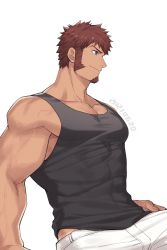 Rule 34 | 00047, 1boy, alternate skin color, arm support, bara, bare arms, black tank top, blue eyes, brown hair, brown shirt, closed mouth, collarbone, commentary, covered abs, facial hair, fate/grand order, fate (series), fingernails, goatee, hand on own hip, highres, looking to the side, male focus, muscular, muscular male, napoleon bonaparte (fate), pants, pectoral cleavage, pectorals, shirt, short hair, sideburns, sidepec, simple background, sleeveless, sleeveless shirt, smile, solo, tan, tank top, veins, white background, white pants