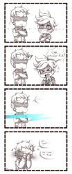 Rule 34 | !, !!, &gt; &lt;, 1boy, 1girl, 4koma, :t, anger vein, blush, chibi, comic, covering face, english text, closed eyes, highres, mask, monochrome, mouth mask, overwatch, overwatch 1, pout, rugichan, short hair, signature, soldier: 76 (overwatch), spot color, tracer (overwatch), white background