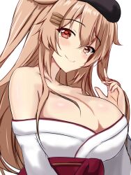 Rule 34 | 1girl, beret, blush, breasts, brown eyes, cleavage, collarbone, hair flaps, hair ornament, hair ribbon, hairclip, hat, heterochromia, highres, japanese clothes, kantai collection, kimono, large breasts, light brown hair, long hair, looking at viewer, montemasa, murasame (kancolle), murasame kai ni (kancolle), red eyes, ribbon, smile, solo, twintails, two side up, upper body, wide sleeves