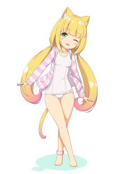 Rule 34 | 1girl, :3, :d, animal ears, ankleband, arms at sides, barefoot, blonde hair, breasts, cat ears, cat tail, full body, gradient hair, green eyes, hair ornament, hairclip, head tilt, jacket, long hair, long sleeves, looking at viewer, multicolored hair, one-piece swimsuit, one eye closed, open clothes, open jacket, open mouth, original, pink jacket, sasaame, school swimsuit, simple background, small breasts, smile, solo, standing, striped clothes, striped jacket, swimsuit, tail, thigh gap, twintails, very long hair, white background, white one-piece swimsuit