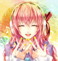 Rule 34 | 1girl, bow, headphones, headset, jewelry, long hair, megurine luka, nail polish, pink hair, portrait, ring, smile, solo, tomone, vocaloid, yellow nails