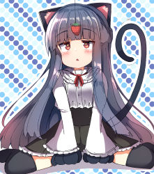 Rule 34 | + +, 1girl, :&lt;, absurdres, animal ears, animal hands, between legs, black gloves, black hair, black skirt, black thighhighs, blush, braid, cat ears, cat girl, cat tail, food, frilled skirt, frilled sleeves, frills, fruit, gloves, hand between legs, highres, idolmaster, idolmaster cinderella girls, idolmaster cinderella girls starlight stage, kemonomimi mode, long hair, long sleeves, multicolored polka dots, neck ribbon, no shoes, outline, parted lips, paw gloves, polka dot, polka dot background, red eyes, red ribbon, ribbon, sajo yukimi, shirt, sitting, skirt, solo, strawberry, tail, thighhighs, triangle mouth, umberblack, very long hair, wariza, white outline, white shirt, wide sleeves