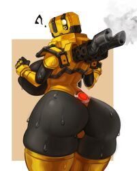Rule 34 | 1girl, ?, armor, ass, backboob, bald, bald girl, black skin, border, breasts, clenched hand, colored skin, deep rock galactic, doretta (deep rock galactic), exhaust pipe, from behind, glowing, highres, huge ass, huge breasts, idler r, leotard, looking at viewer, looking back, mecha musume, one-eyed, outside border, personification, red button, robot girl, shoulder armor, smoke, solo, thick thighs, thighhighs, thighs, thong leotard, white border, wide hips, yellow armor, yellow eyes, yellow leotard, yellow thighhighs