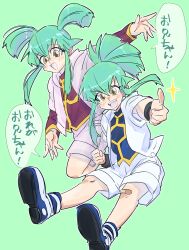 Rule 34 | 1boy, 1girl, absurdres, blue jacket, blue shirt, blue shorts, blush, brother and sister, brown eyes, full body, green background, green hair, high ponytail, highres, hood, hooded jacket, jacket, looking at viewer, lua (yu-gi-oh!), luca (yu-gi-oh!), medium hair, open mouth, pink jacket, pink shorts, r42r98r, red shirt, shirt, shorts, siblings, smile, teeth, thumbs up, twins, twintails, upper teeth only, yu-gi-oh!, yu-gi-oh! 5d&#039;s