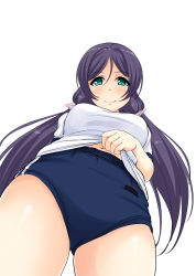 Rule 34 | 1girl, aqua eyes, arms behind back, bad id, bad twitter id, blue buruma, breasts, buruma, clothes lift, commentary request, cowboy shot, from below, highres, hino minato (spec.c), large breasts, long hair, looking at viewer, looking down, love live!, love live! school idol project, low twintails, purple hair, shirt, shirt lift, simple background, solo, t-shirt, tojo nozomi, twintails, white background, white shirt
