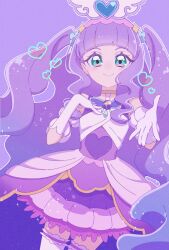 Rule 34 | 1girl, aqua eyes, brooch, closed mouth, clothing cutout, cowboy shot, cure majesty, dress, elbow gloves, ellee-chan, gloves, hair tie, half-dress, hand on own chest, highres, hirogaru sky! precure, jewelry, long hair, looking at viewer, magical girl, medium dress, miniskirt, pleated skirt, precure, purple background, purple dress, purple hair, purple skirt, reaching, reaching towards viewer, short sleeves, shoulder cutout, skirt, smile, solo, standing, thighhighs, two side up, usiusi nanas, white gloves, white thighhighs, wing brooch, wing hair ornament